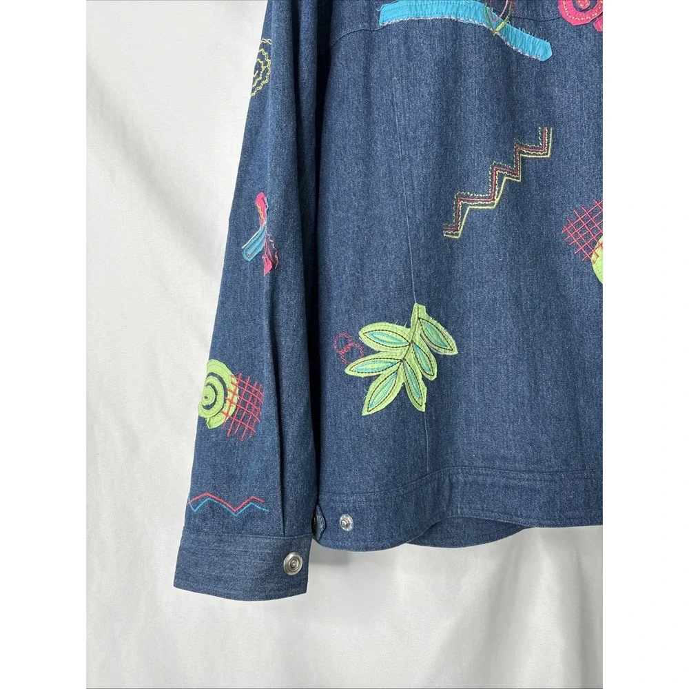 Anne Carson Blue Denim Jean Jacket Women's 3X‎ Embroidered Colorful Abstract
